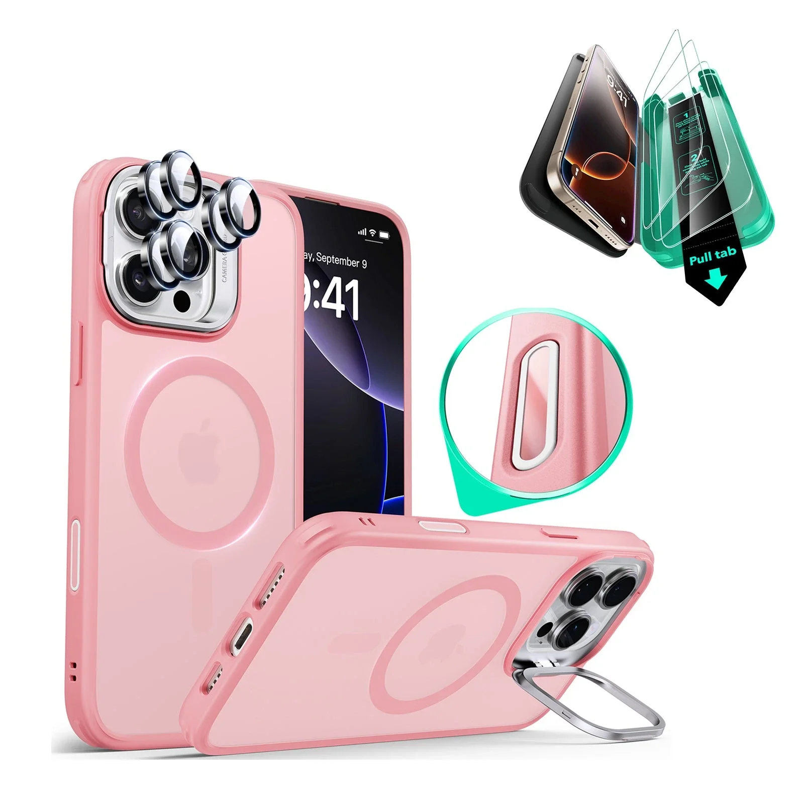 iPhone 16 Pro Max Classic Hybrid Magnetic Case Protection Bundle (Camera Control, Stash Stand) - Frosted Pink