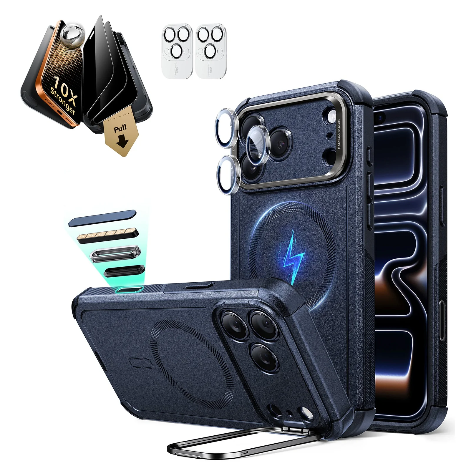 iPhone 17 Pro Max Bundle Cyber Tough Magnetic Case (Stash Stand) and Armorite Pro Privacy Screen Protector - Navy Blue