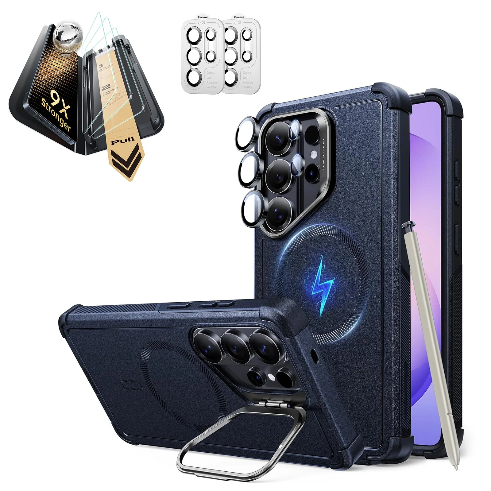 Galaxy S26 Ultra Bundle Cyber Tough Magnetic Case (Stash Stand) and Armorite® Pro Screen Protector - Navy Blue