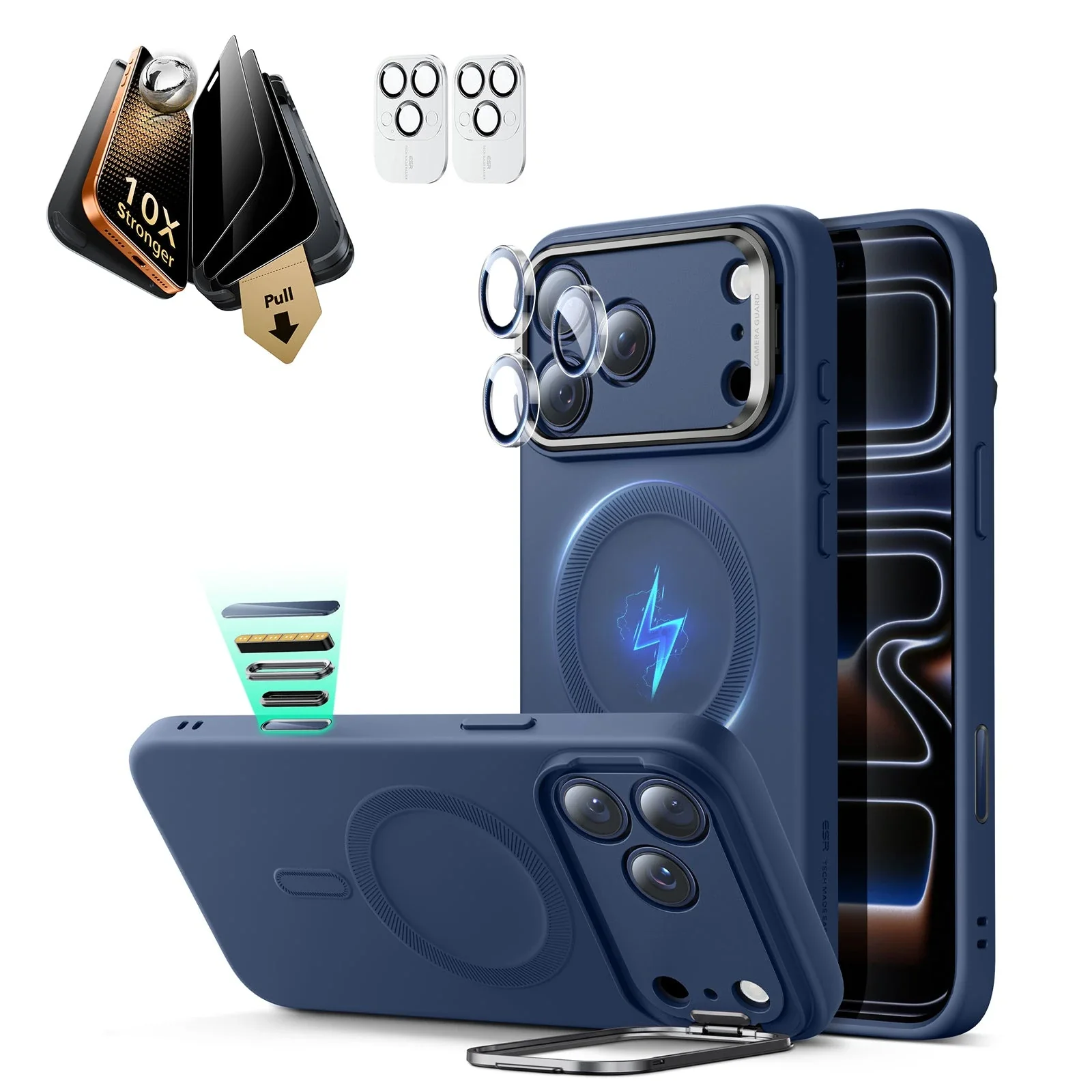 iPhone 17 Pro Max Bundle Cloud Soft Magnetic Case (Stash Stand) and Armorite Pro Privacy Screen Protector - Navy Blue