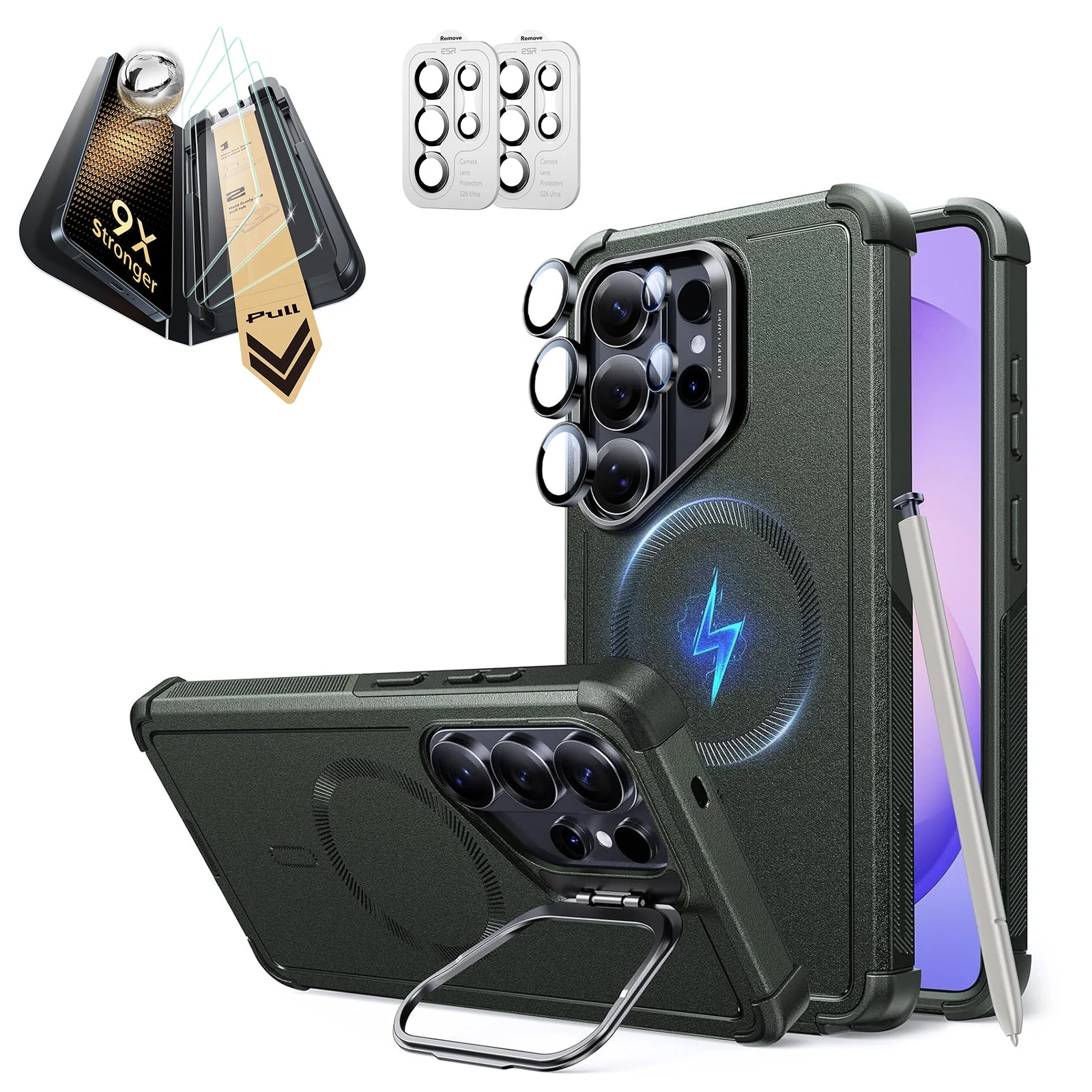 Galaxy S26 Ultra Bundle Cyber Tough Magnetic Case (Stash Stand) and Armorite® Pro Screen Protector - Olive Green