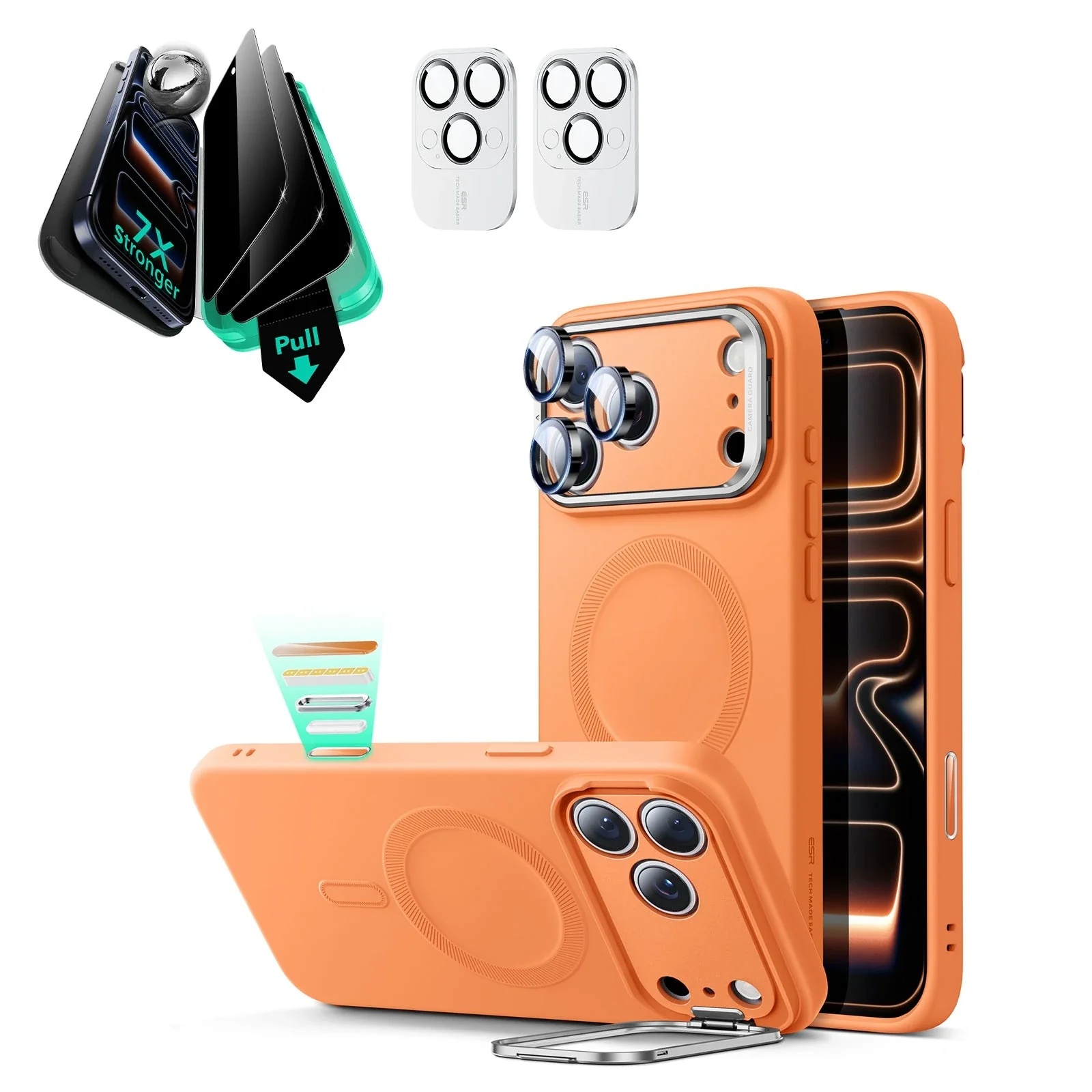 iPhone 17 Pro Max Cloud Soft Magnetic Case (Camera Control, Stash Stand) Armorite Privacy Protection Bundle - Orange