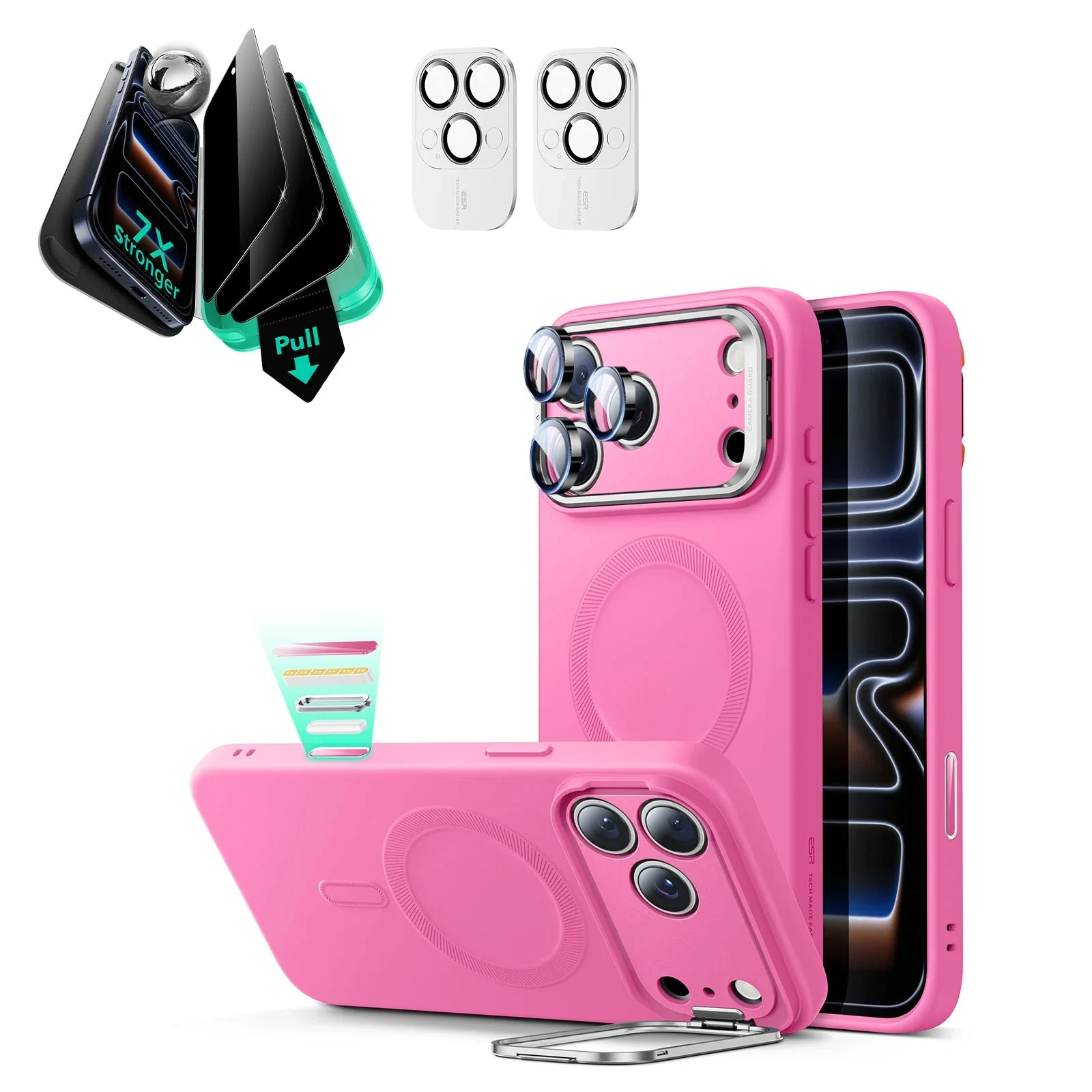 iPhone 17 Pro Cloud Soft Magnetic Case (Camera Control, Stash Stand) Armorite Privacy Protection Bundle - Rosy Pink
