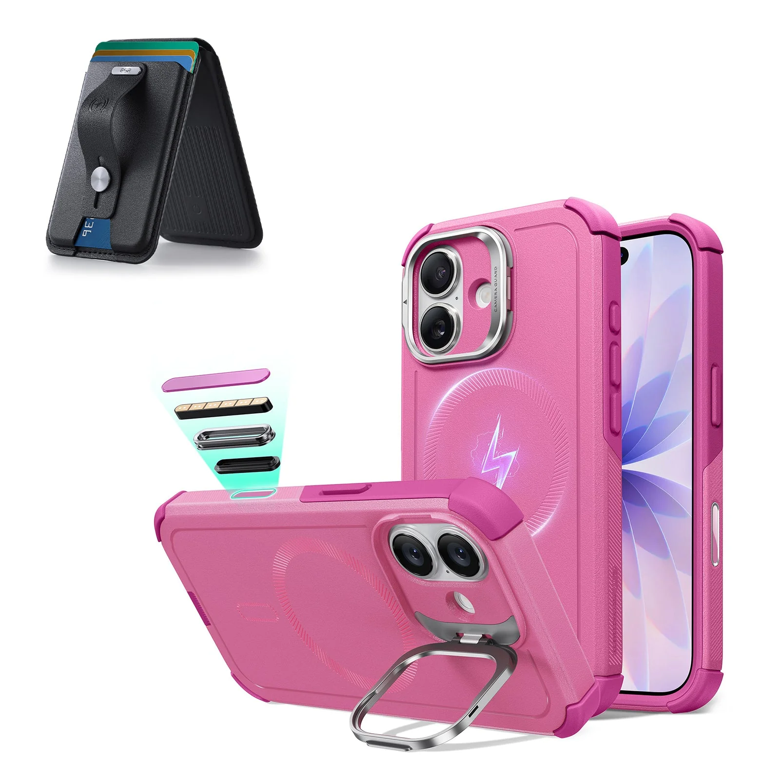 iPhone 17 Cyber Tough Magnetic Case (Camera Control, Stash Stand) with Wallet Stand Bundle - Rosy Pink